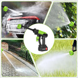 The cordless pressure washer in use on a car, a hedge, a paved path and a lawn
