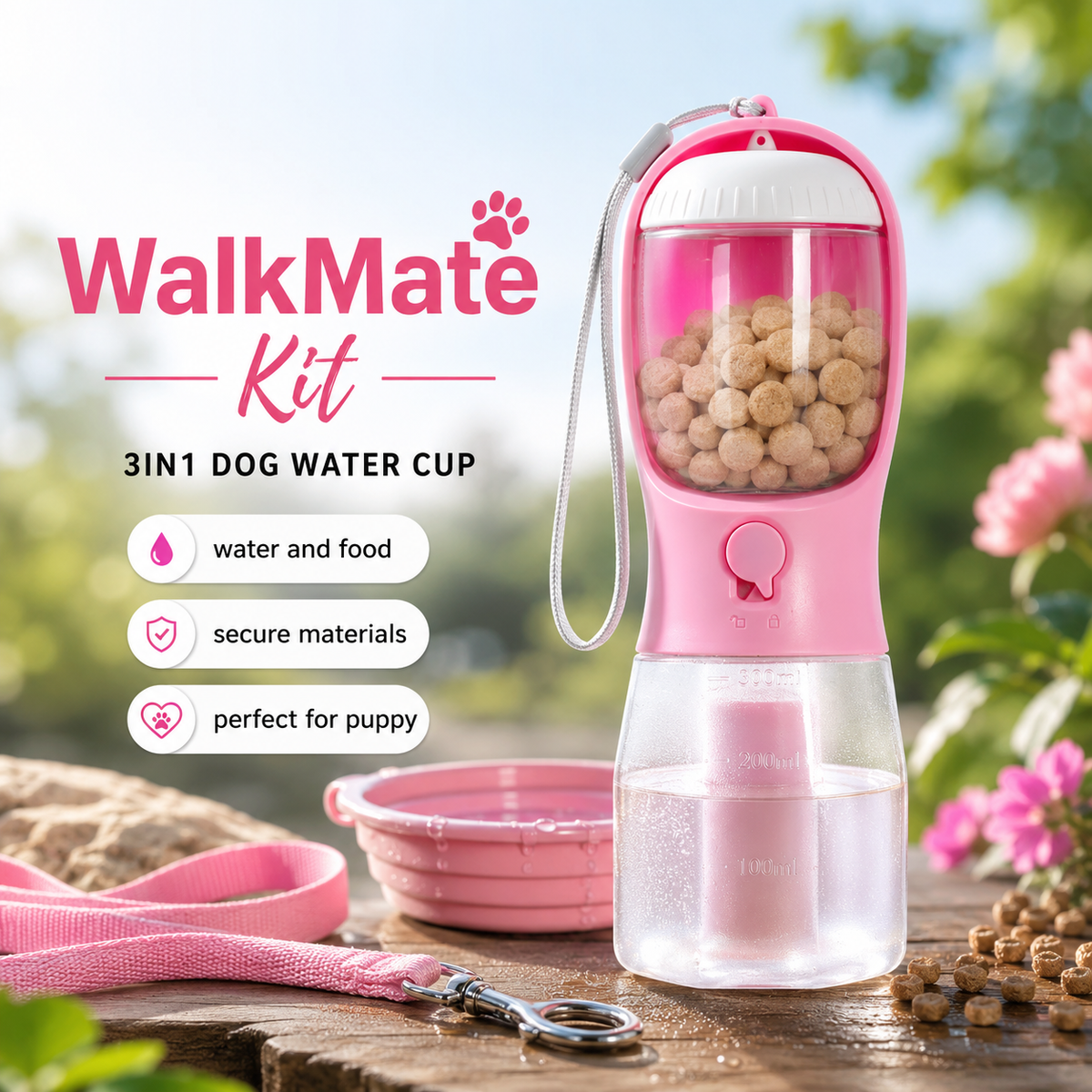 WalkMate Kit 3-in-1 portable dog water bottle in multiple colors by Avielle Label
