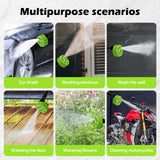 Six cleaning scenarios: car wash, windows, walls, decking, watering flowers and cleaning a motorcycle